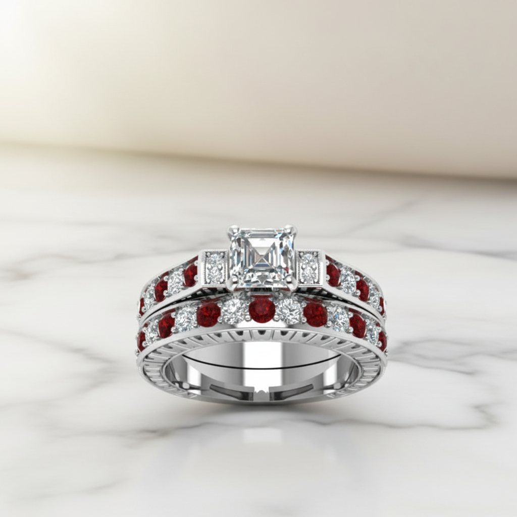 Micro-paved Square Zircon Couple Rings ForMicro Paved Square Zircon Couple Rings for Women, Luxury Diamond Encrusted Geometric Alloy Ring, Red Zircon Silver Gold Fashion Wedding Band Jewelry Women