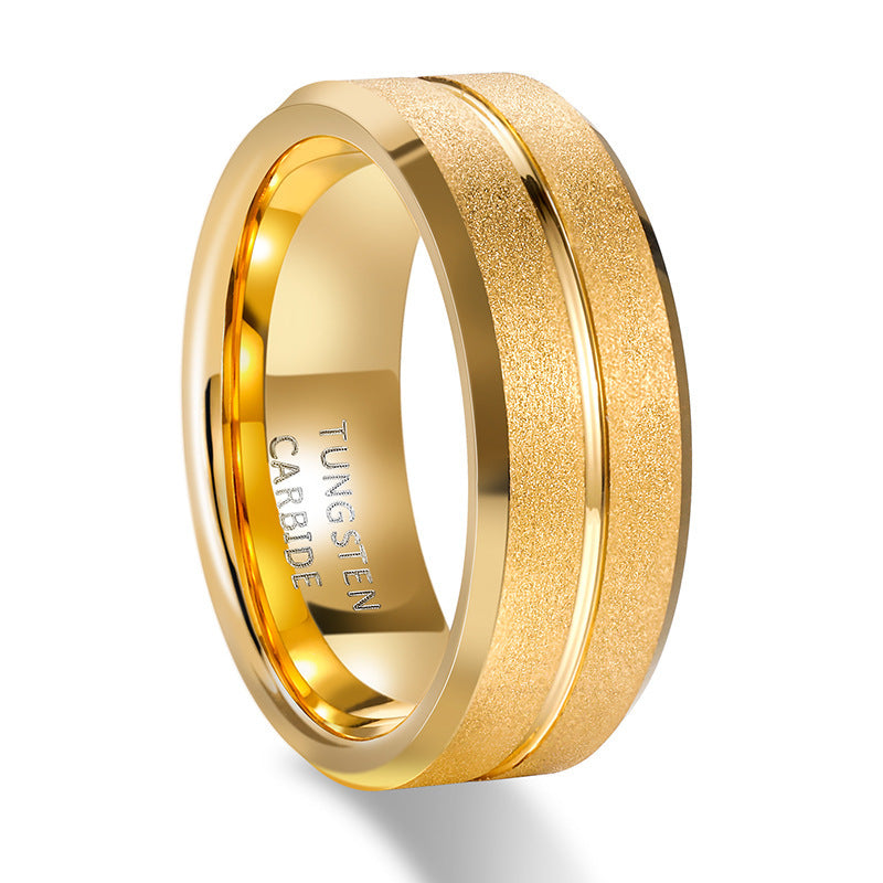 Mens Tungsten Steel Ring With Electroplated Gold Finish And Sandblasted Grooves