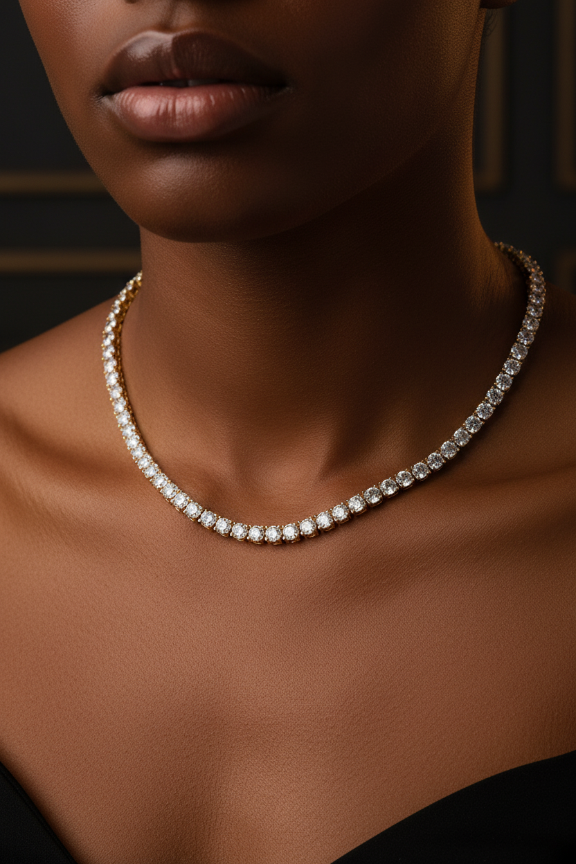 3-5mm Zircon Tennis Chain Necklace, Polished Unisex Hip Hop Necklace, Electroplated Shiny Copper Necklace with Reinforced Spring Buckle, Street Fashion Daily Jewelry