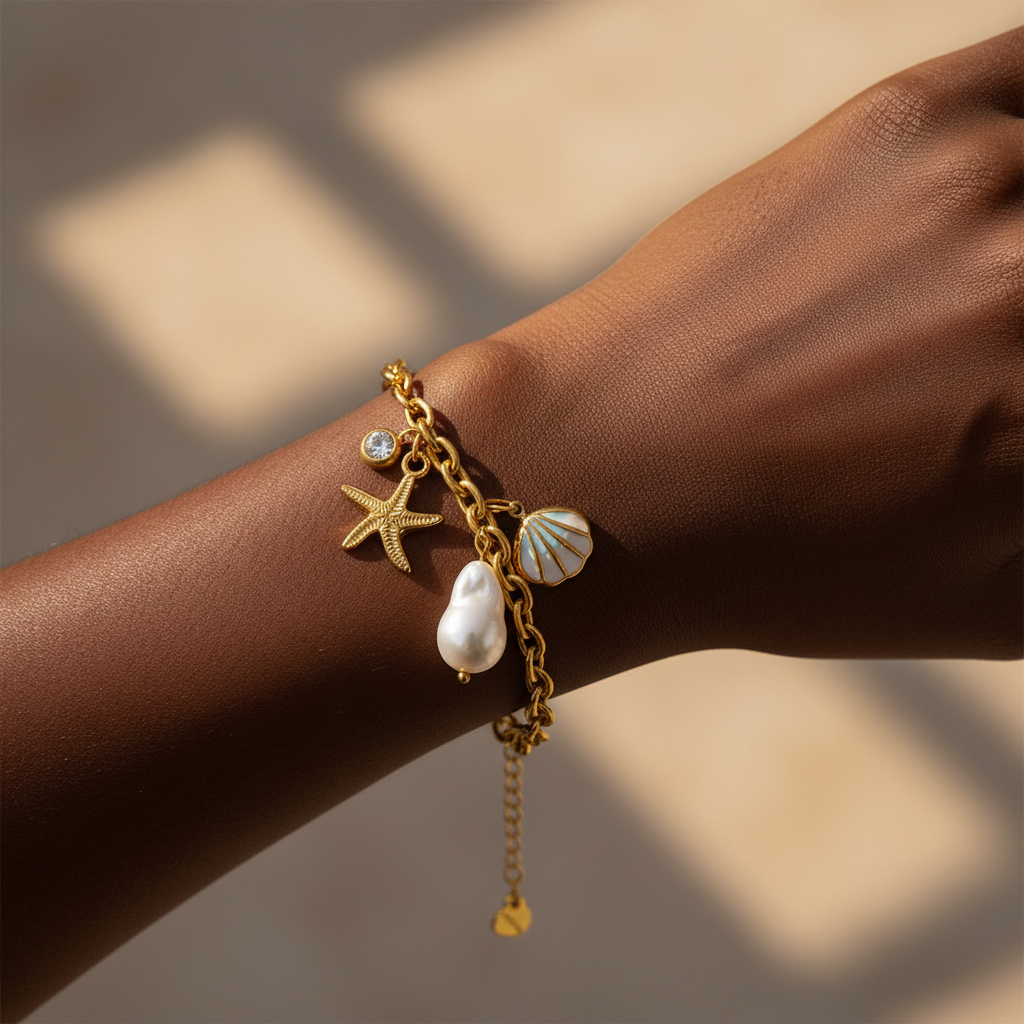 18K Gold Plated Ocean Shell Pendant Titanium Steel Bracelet