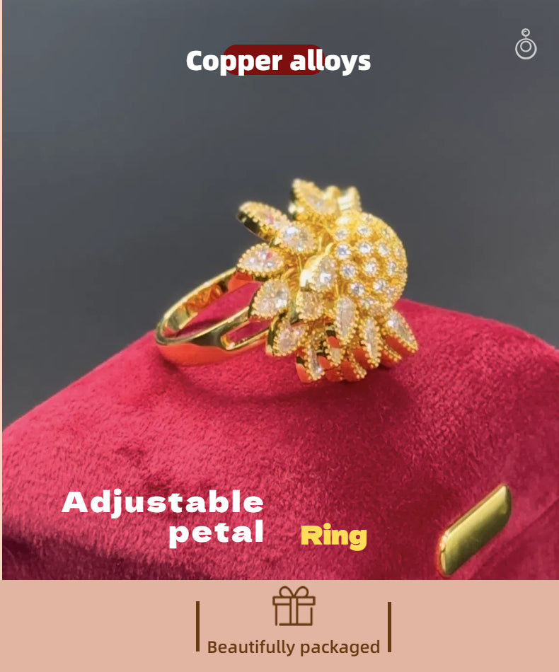14K Gold Tone Floral Open Adjustable Ring CZ Enamel Leaf Spinner Ring US2US Ship