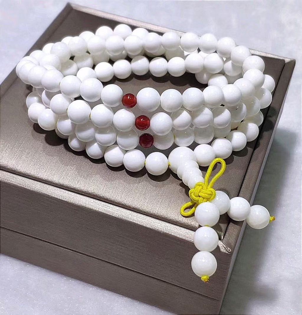 Natural White Tridacna 108 Beads Mala with Red Agate Accents - Blessings & Protection Bracele, love gift、romantic gift、sentimental gift、anniversary gift