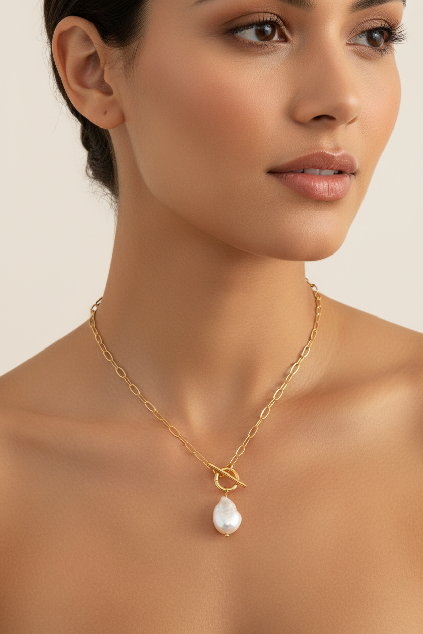 Baroque Freshwater Pearl Paperclip Chain Necklace, Stainless Steel Office Wear Necklace