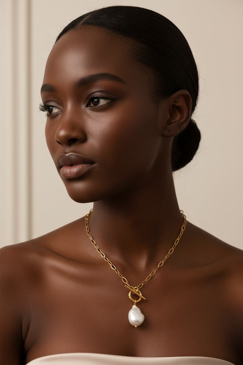 Baroque Freshwater Pearl Paperclip Chain Necklace, Stainless Steel Office Wear Necklace