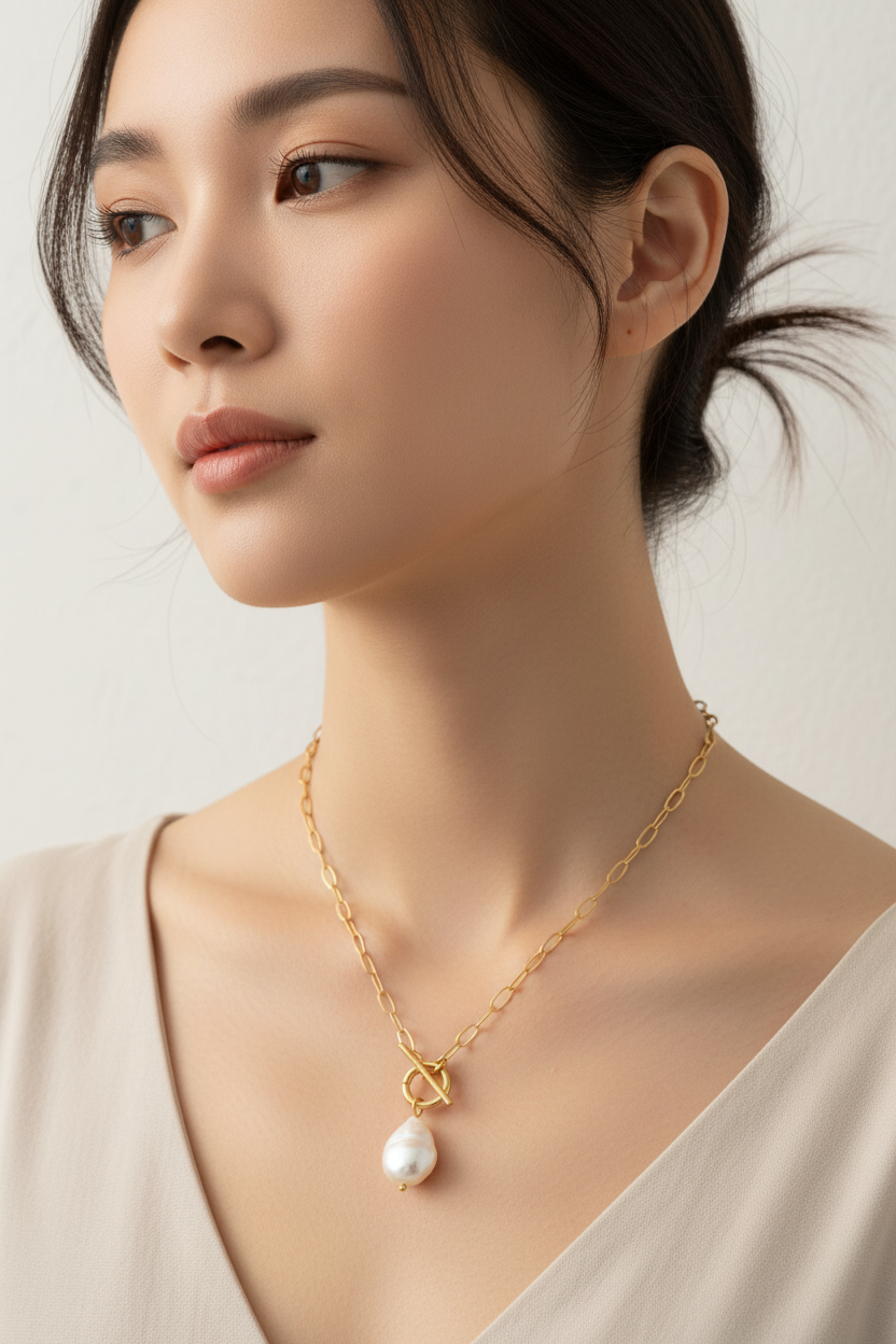 Baroque Freshwater Pearl Paperclip Chain Necklace, Stainless Steel Office Wear Necklace